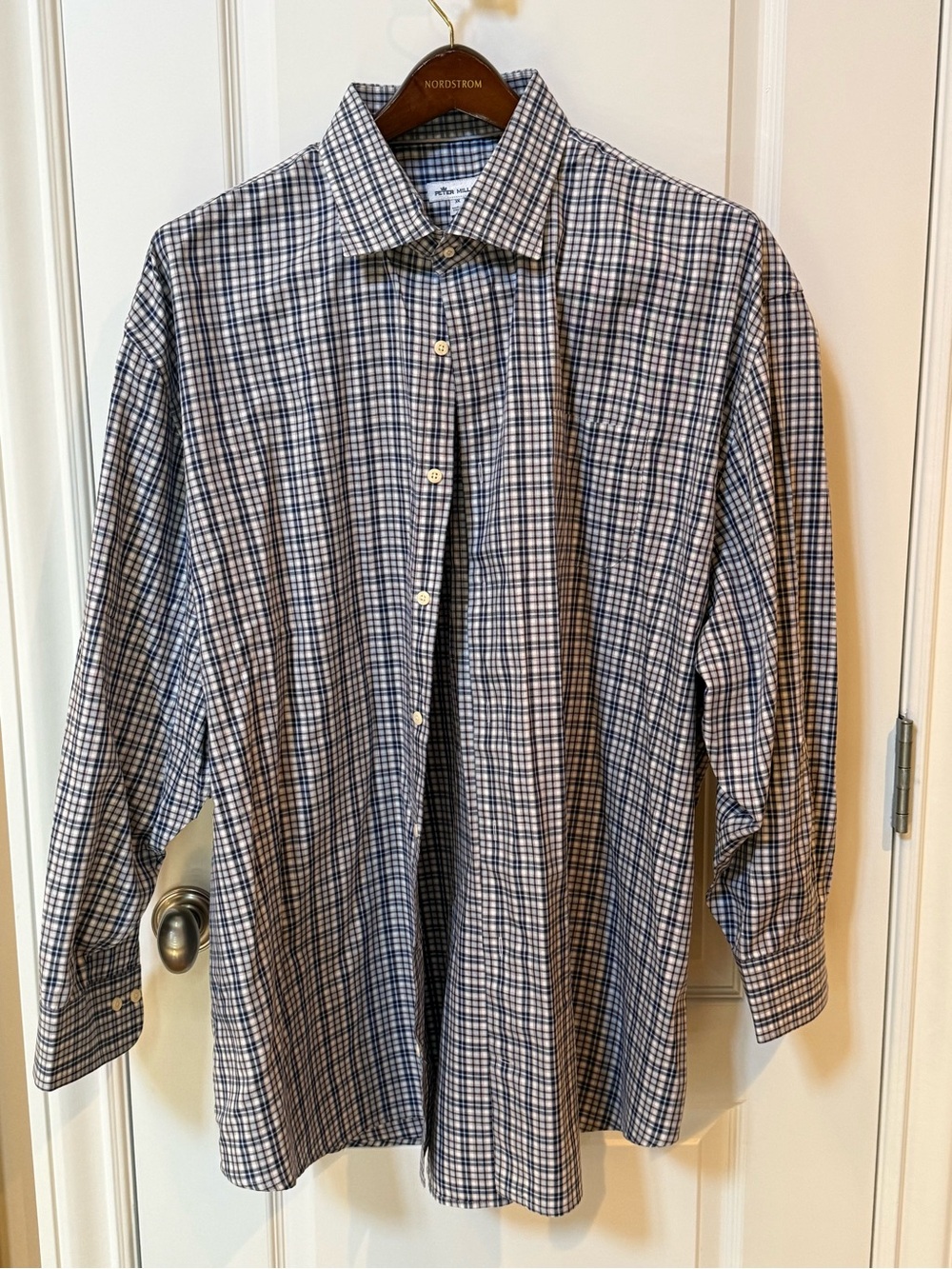 Peter Millar Blue and White Plaid Long-Sleeve Dress Shirt